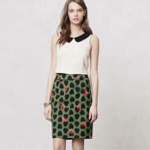 Maeve Anthropologie Heart Stamp Pencil Skirt  Womens 4 Green Red Boho Preppy Art